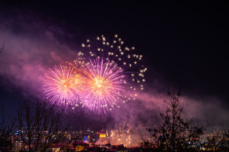 A beautiful shot of colorful fireworks above a city with lights at nightの写真素材