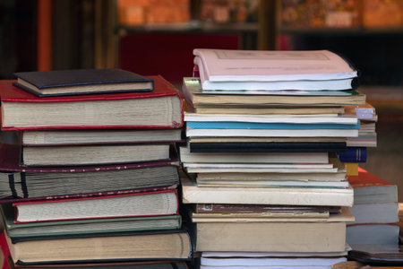 A closeup shot of a pile of books - concept of educationの写真素材