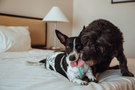 A closeup shot of two cute different dogs embracingの写真素材