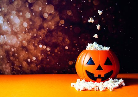 A closeup shot of a decorated Halloween pumpkin with popcornsの写真素材