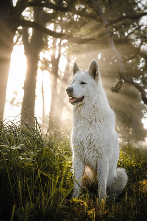 A beautiful vertical shot of a white dog sitting in a park on a sunny day