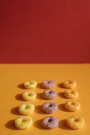 A vertical shot of ancient colourful glass beads on yellow and red background displayed in a museum