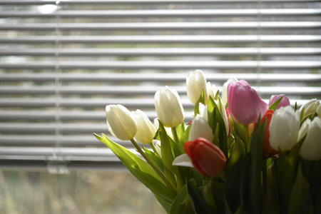 A closeup of a bouquet of tulips in a vase on the table with a blurry backgroundの写真素材
