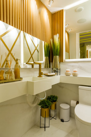 A vertical shot of a modern bathroom with white walls and large mirrors under the lightの写真素材
