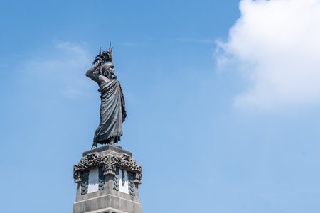 1887 statue of Cuauhtemoc, the last Aztec ruler, located in Paseo de la Reforma in Mexico City, Mexico.の写真素材