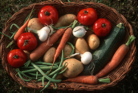 A high angle shot of fresh and unwashed vegetables in a basket on the grassの写真素材
