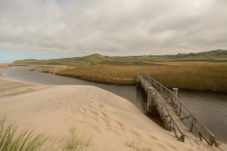 A closeup shot of a wooden bridge on the  sand dune with a cloudy day backgroundの写真素材