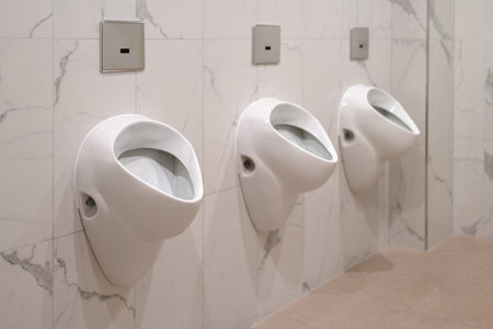 A row of three ceramic urinals in the marble interior of public toilets.の写真素材