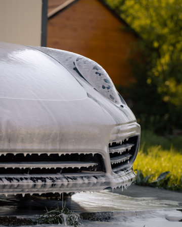The front of a car covered by soap at the car washの写真素材