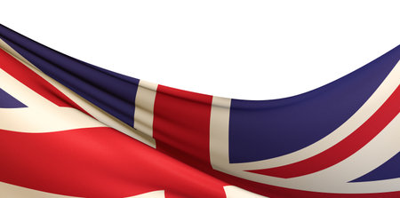 A closeup shot of a wavy flag of the UK under the lights isolated on a white background