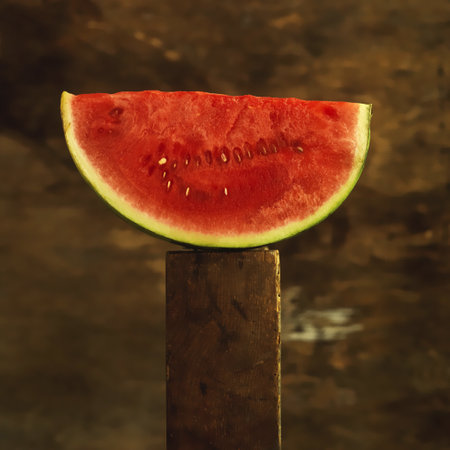A closeup shot of sliced watermelon on a piece of woodの写真素材