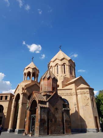 A low angle shot of Katoghike Holy Mother of God Church against a blue sky in Yerevan, Armenia