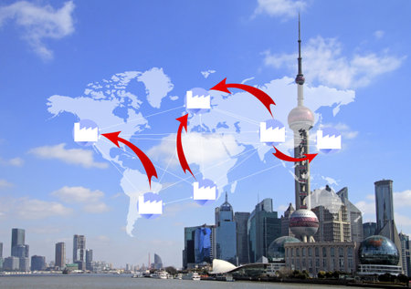 The world map with factory icons and red arrows on Pudong district in Shanghai skyline background