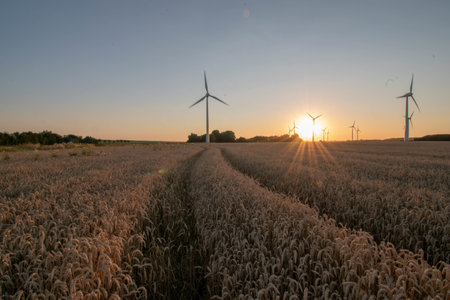 An amazing shot of a beautiful farmland with wind turbines during a sunsetの写真素材