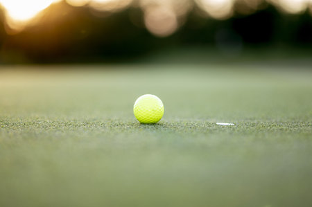 A selective focus shot of a golf ball on the courseの写真素材