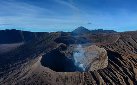 An aerial view of Mount Bromo and Mount Semeru in the morning.の写真素材