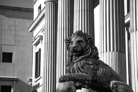 A bronze Lion statue at Congress of Deputies in Madrid, Spainの写真素材