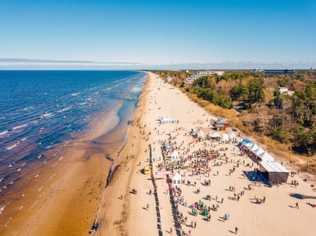 An aerial view of the coast of the Baltic Sea at Jurmala, Latviaの写真素材