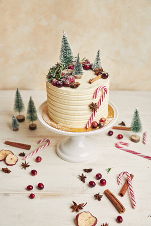 A vertical shot of a white cake with Christmas decorationsの写真素材