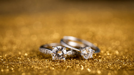 A closeup shot of two diamond rings on a golden surfaceの写真素材