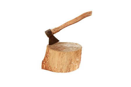A closeup shot of an ax on a piece of wood isolated on white background