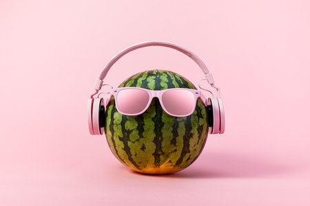 A cool image of watermelon with sunglasses and headphones isolated on a pink background - summertime conceptの写真素材