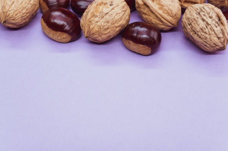 A high angle shot of a background with hazelnuts and walnuts with a copy space