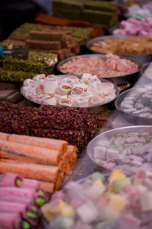 A set of the Turkish traditional sweet candies in the marketの写真素材