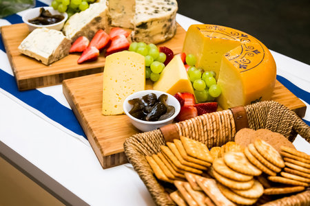 A high angle shot of delicious cheese boards with crackers