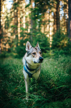 An adorable Siberian husky in a forest