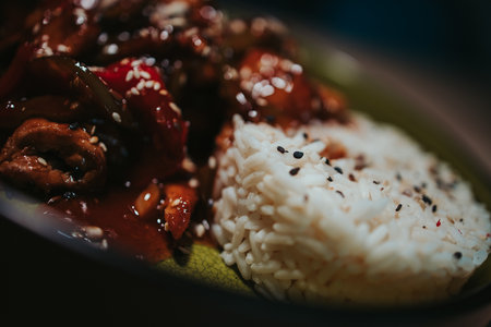 A selective focus shot of japanese chicken teriyaki with riceの写真素材