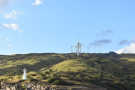 A closeup of mountain wind generators turbines on a mountainside of, Maui, Hawaiiの写真素材