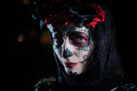 A portrait of a young female in the style of Mexican holiday Day of the Dead