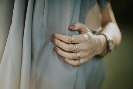 A closeup of a female with brown nail polish and rings standing outdoors with crossed armsの写真素材