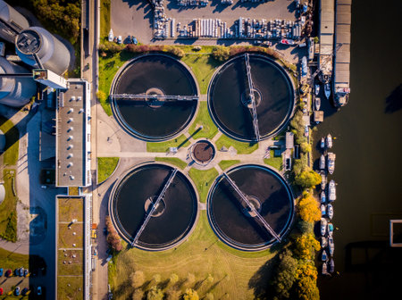 An aerial view of the Heilbronn sewage treatment plantの写真素材