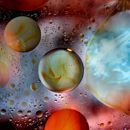 A closeup shot of oil bubble spheres and streaks for an abstract background