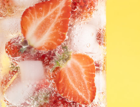 A closeup shot of iced strawberries in a glassの写真素材