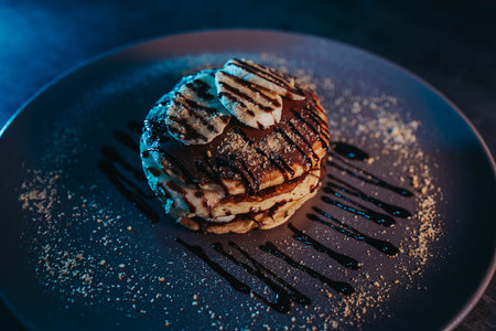A selective focus shot of pancake on a plateの写真素材