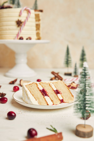 A vertical shot of a slice of Christmas cake on a plate