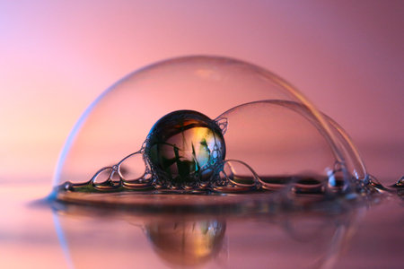A beautiful shot of a reflective crystal ball in the center of soap bubbles on a water surface