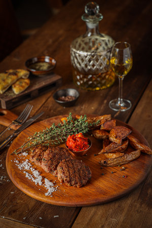 A vertical shot of fried potatoes with meat and sauce on a wooden board on the tableの写真素材
