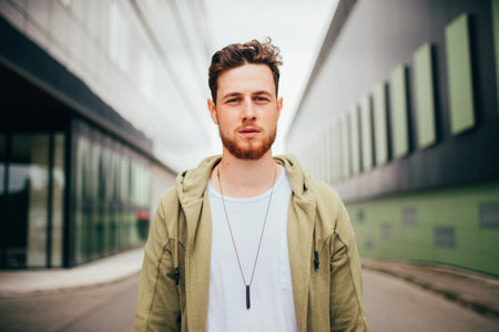A shallow focus shot of a handsome young Caucasian man posing outdoorsの写真素材
