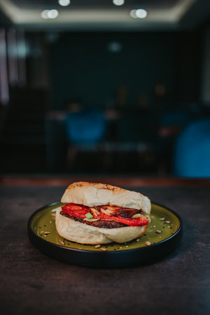 A vertical shot of a delicious hamburger with salad and sauce on a plate on the tableの写真素材