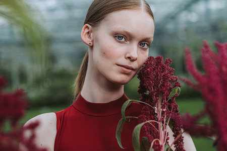 A portrait of a beautiful female with blue eyes, a light skin and chestnut brown hair holding an amaranth plantの写真素材