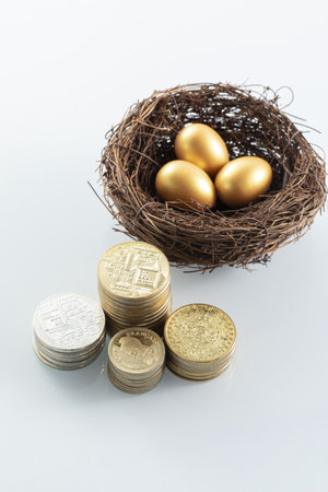 A vertical shot of gold coins and golden eggs - conceptの写真素材