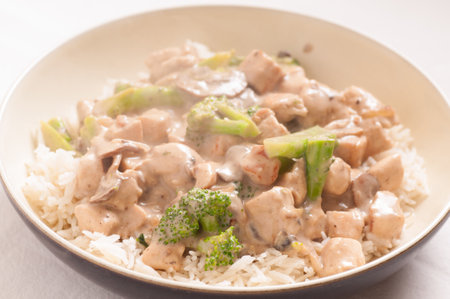 chicken and mushroom stroganoff over white rice and brocolliの写真素材
