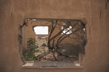 Old building ruins seen through a cracked wall opening made of concrete in a Negev desert, Israelの写真素材