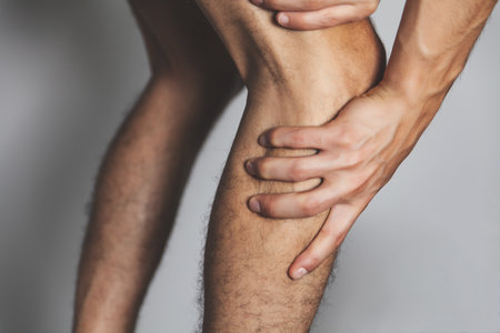 A closeup shot of a young adult male leg with painful knees on gray background-health care conceptの写真素材