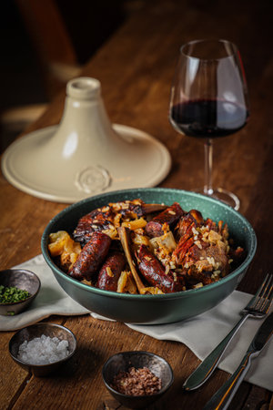 A vertical shot of a delicious meat dish and a glass of red vineの写真素材