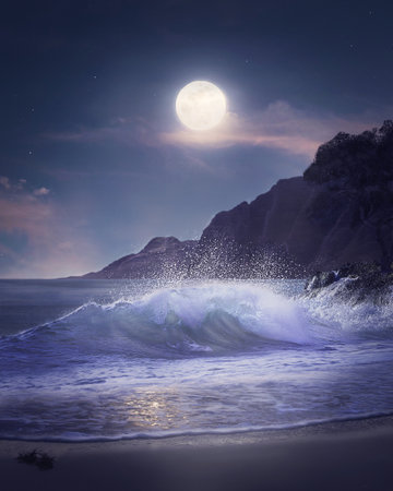 A vertical shot of sea waves on a beach next to the mountains under the bright moonlightの写真素材